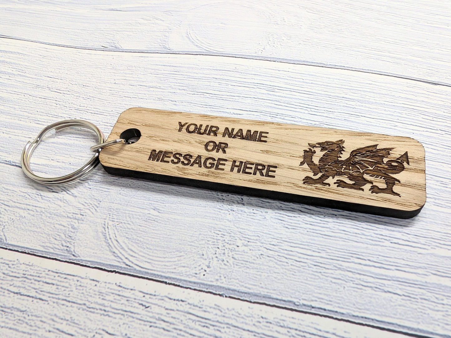 Personalised Welsh Dragon Keyring - 90x25mm Oak Wood, Custom Text | Ideal for Hotels, Clubs, Gifts, Sports Teams, Airbnb, Keepsake