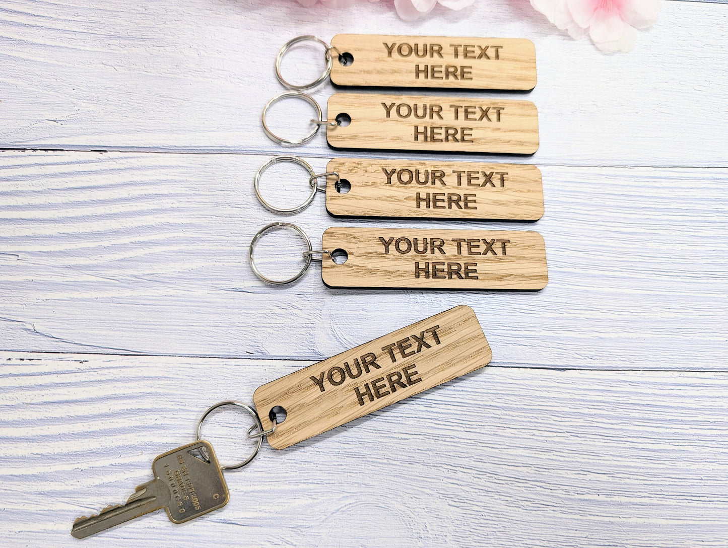 Custom Text Oak Wood Keyring - 90x25mm