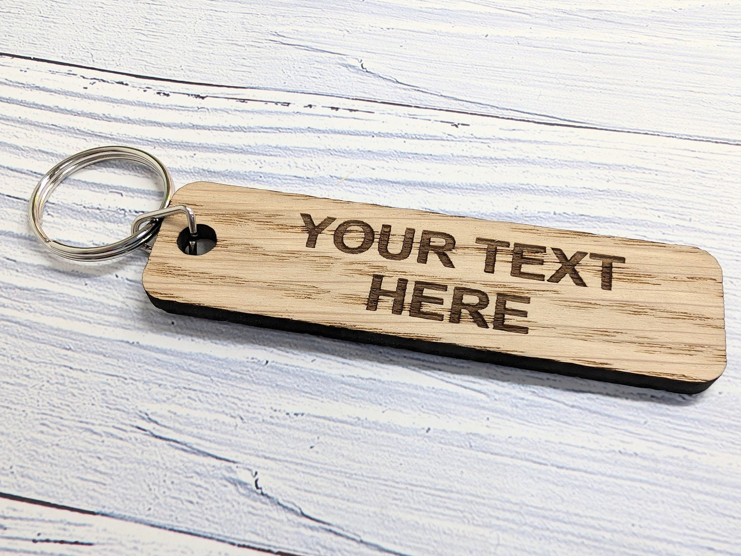 Custom Text Oak Wood Keyring - 90x25mm
