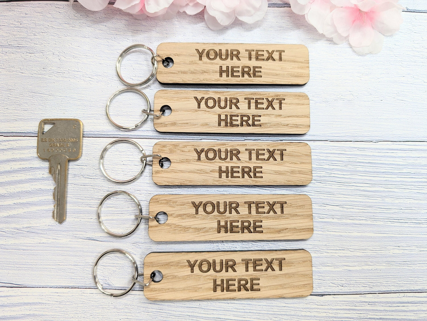 Custom Text Oak Wood Keyring - 90x25mm