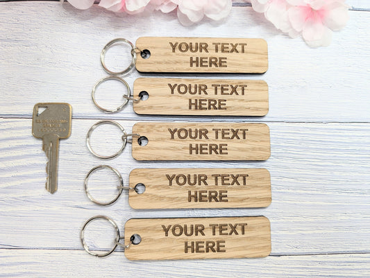 Custom Text Oak Wood Keyring - 90x25mm