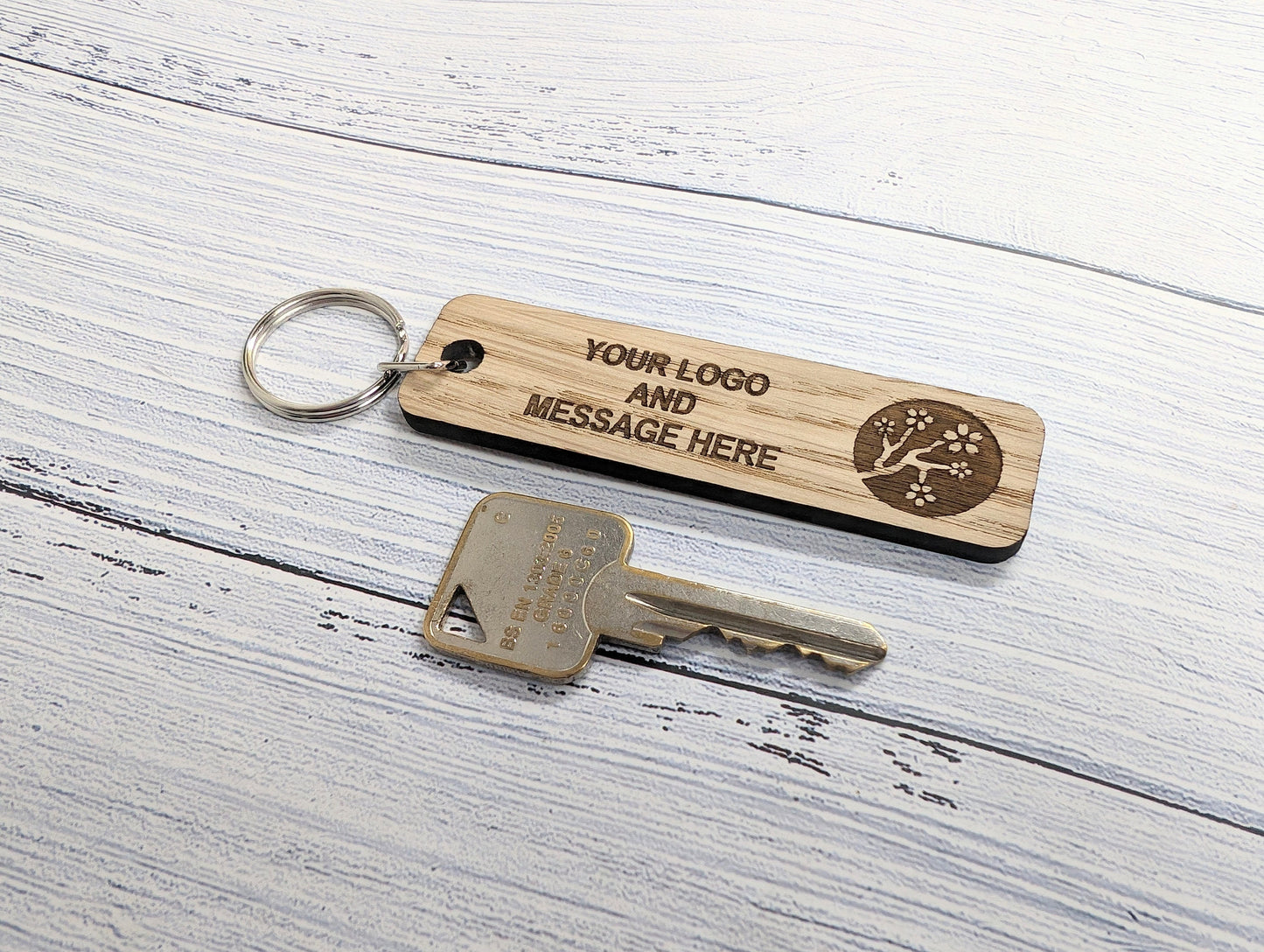 Customisable Double Sided Oak Keyring 90x25mm - Personalised Business Logo & Message | Bulk Orders, Corporate Gifts