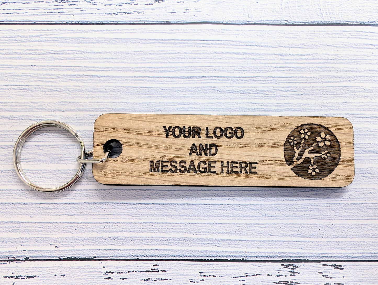 Customisable Double Sided Oak Keyring 90x25mm - Personalised Business Logo & Message | Bulk Orders, Corporate Gifts
