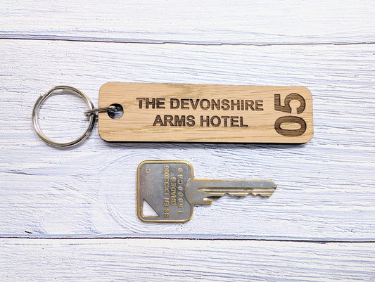 Personalised Hotel Room Number Keyrings 90 x 25mm with Hotel Name - High-Quality Oak Veneered MDF - Ideal for Hotels, B&Bs, and Guest Houses