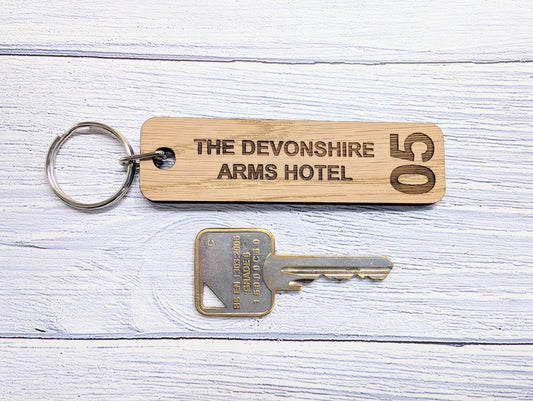 Personalised Wooden Hotel Room Number Keyrings, Double Sided, 90 x 25mm, with Hotel Name - Larger Size, Oak Veneer - Ideal for Hotels, B&Bs