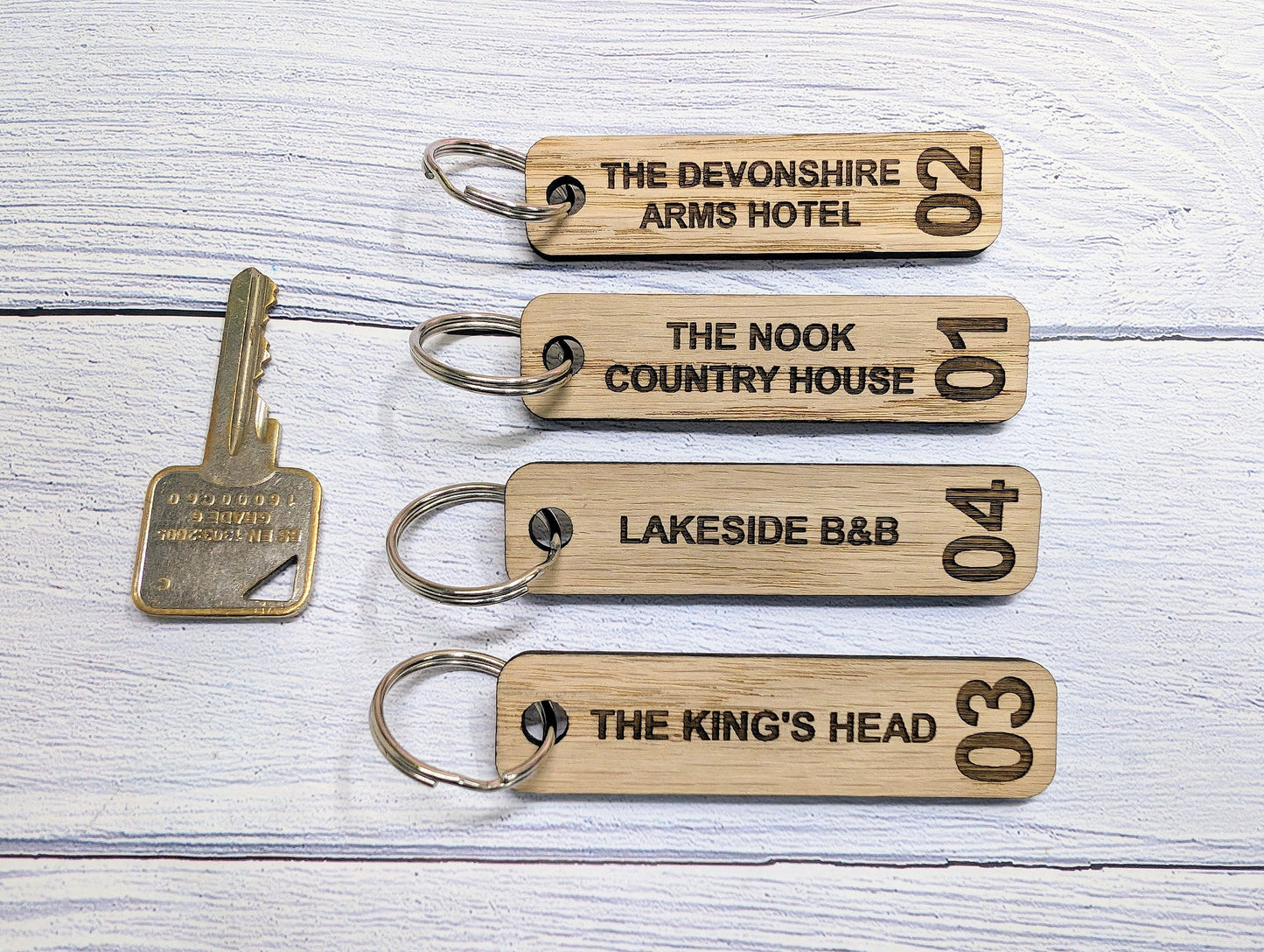 Personalised Hotel Room Number Keyrings with Hotel Name - High-Quality Oak Veneered MDF - Ideal for Hotels, B&Bs, and Guest Houses