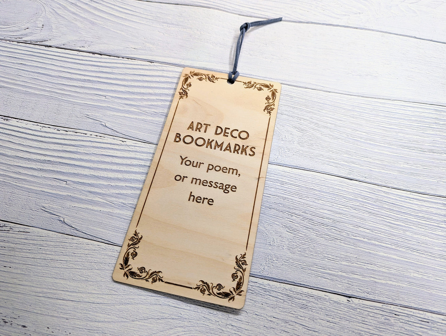 Art Deco-Inspired Wooden Personalised Bookmark | Custom Poem or Message | Vegan Suede Loop | Eco-Friendly Birch | Handcrafted in Wales