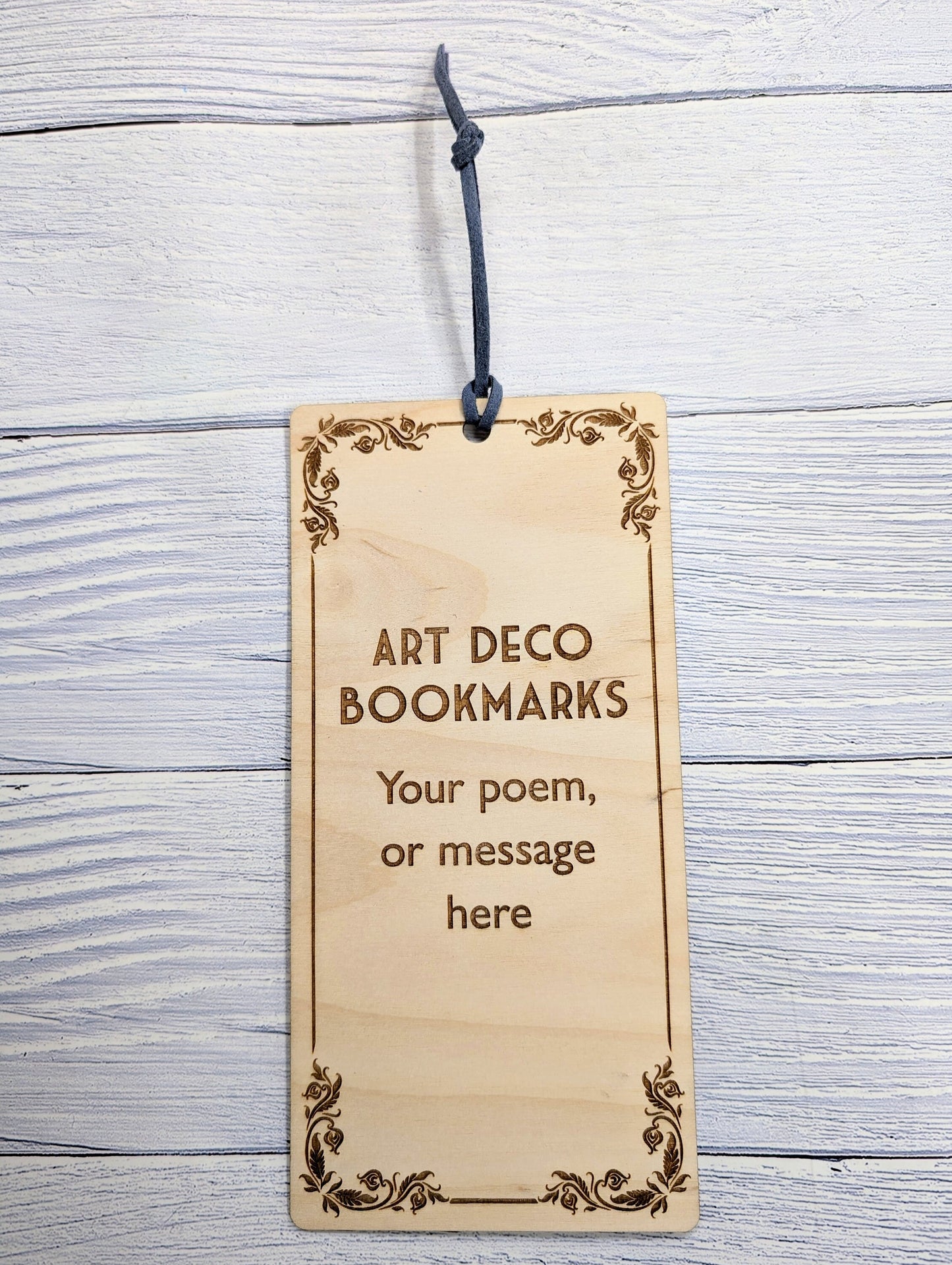 Art Deco-Inspired Wooden Personalised Bookmark | Custom Poem or Message | Vegan Suede Loop | Eco-Friendly Birch | Handcrafted in Wales