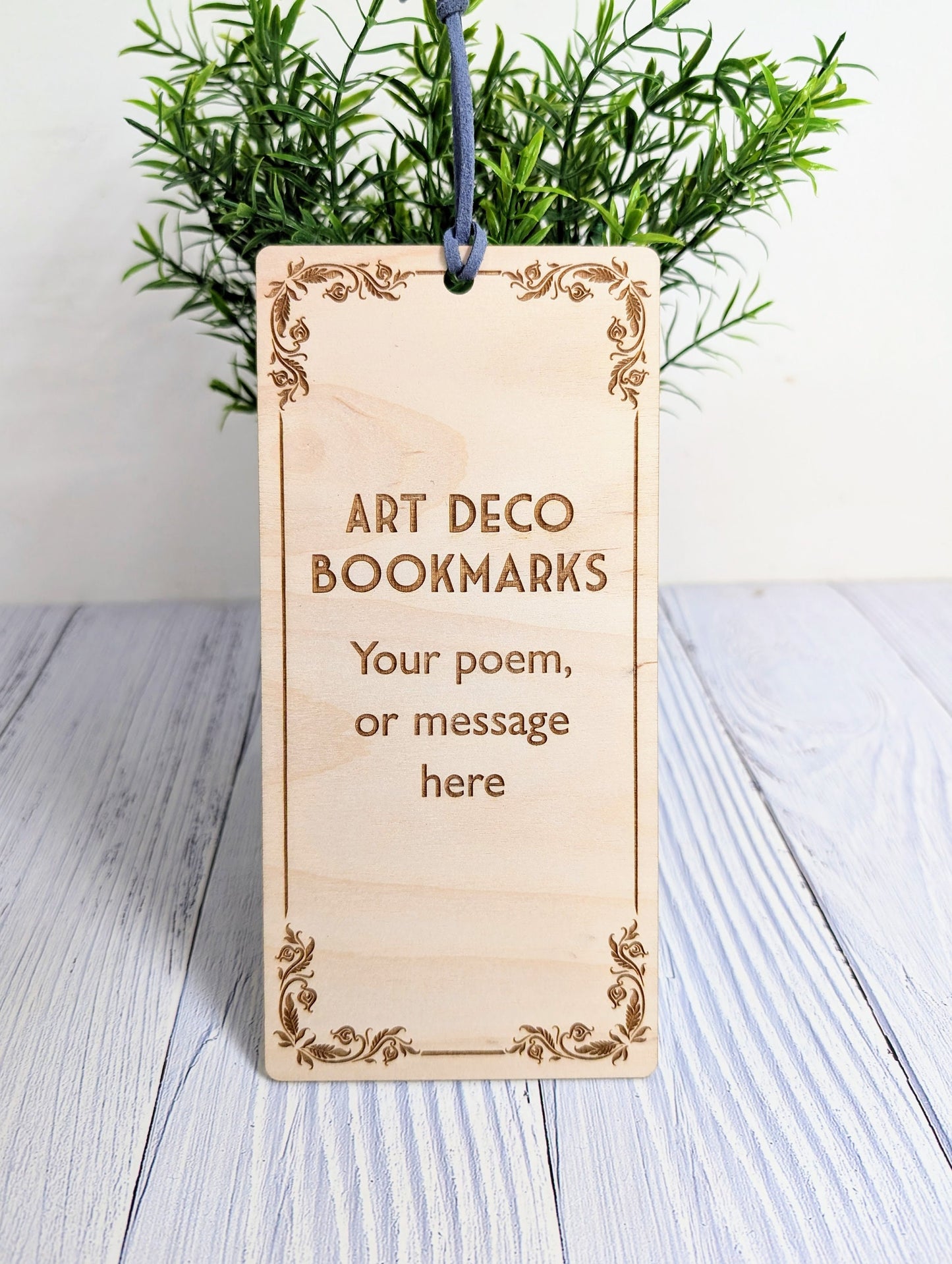 Art Deco-Inspired Wooden Personalised Bookmark | Custom Poem or Message | Vegan Suede Loop | Eco-Friendly Birch | Handcrafted in Wales