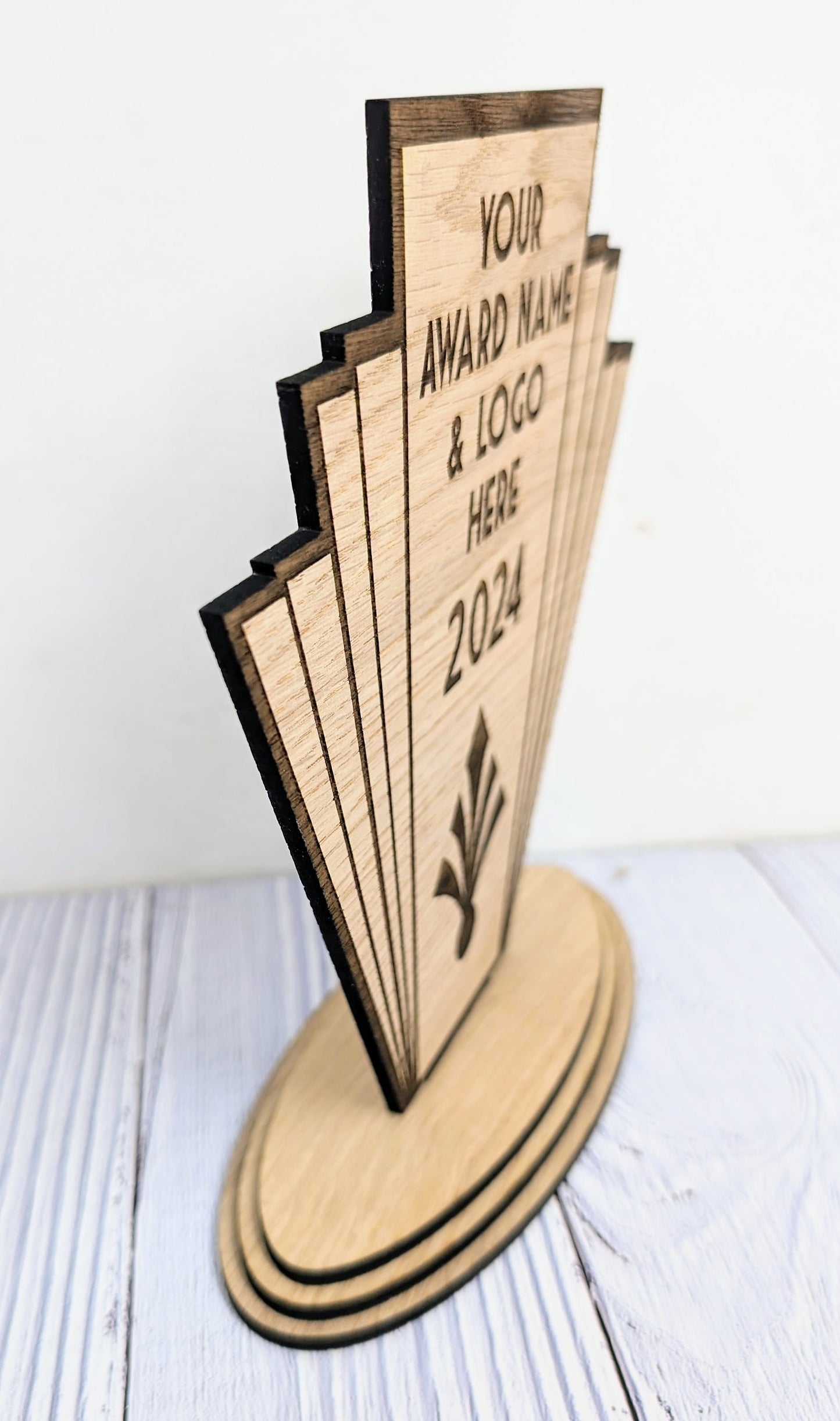 Art Deco Customisable Trophy | Sustainable Oak Veneer MDF | Personalised Award | Art Nouveau Award | Eco-Friendly Business & Club Honors