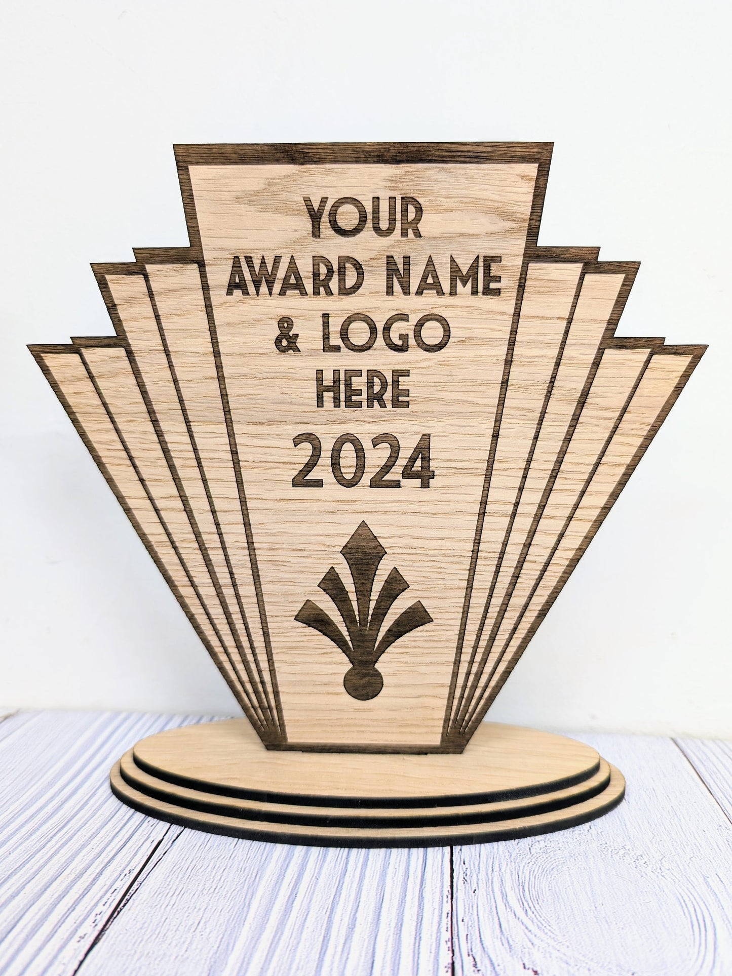 Art Deco Customisable Trophy | Sustainable Oak Veneer MDF | Personalised Award | Art Nouveau Award | Eco-Friendly Business & Club Honors