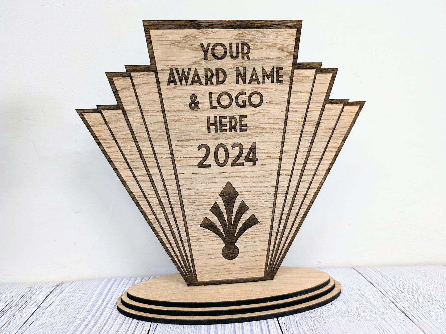 Art Deco Customisable Trophy | Sustainable Oak Veneer MDF | Personalised Award | Art Nouveau Award | Eco-Friendly Business & Club Honors