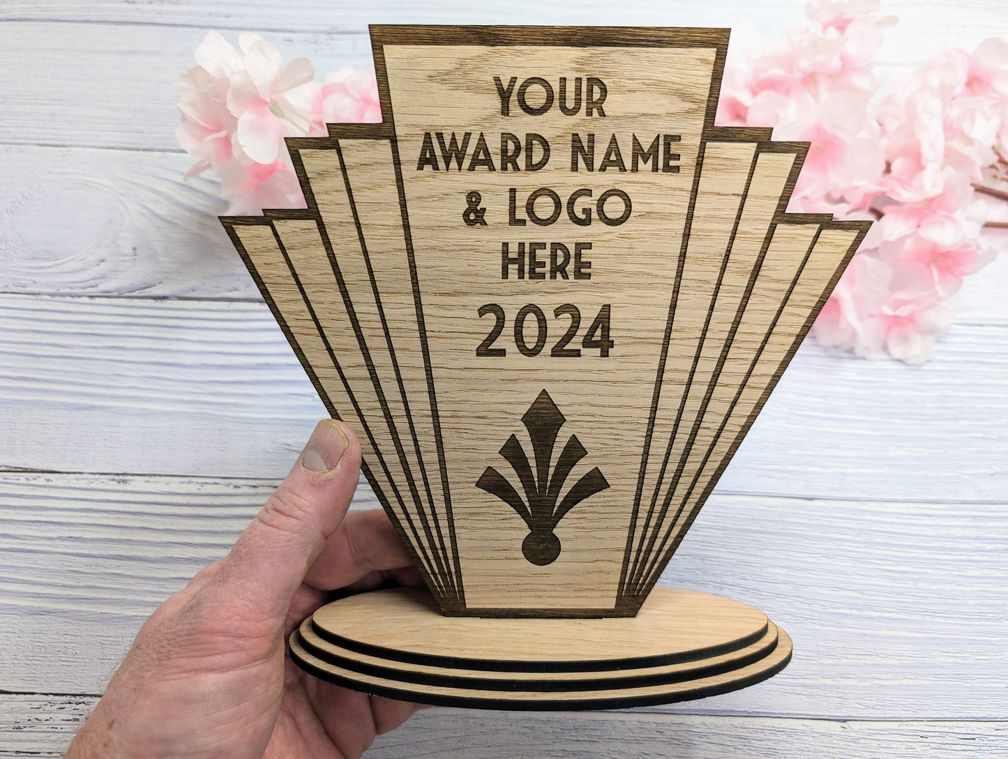 Art Deco Customisable Trophy | Sustainable Oak Veneer MDF | Personalised Award | Art Nouveau Award | Eco-Friendly Business & Club Honors