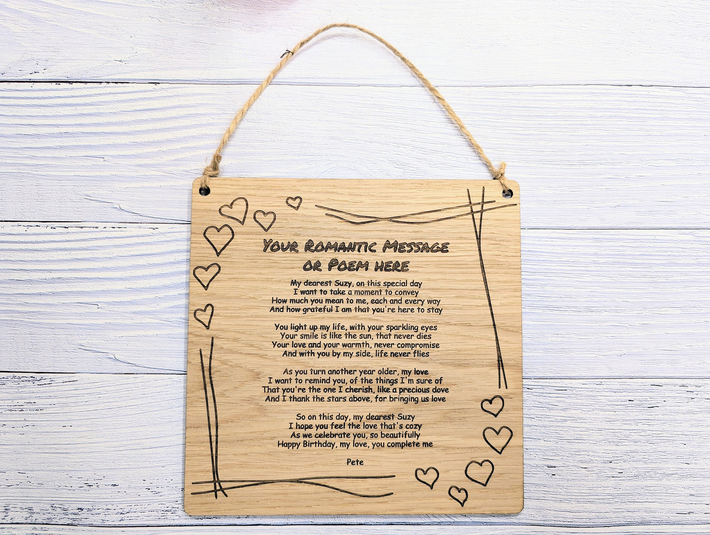 Romantic Heart Border Custom Plaque | Personalised Love Poem or Message | Oak Veneer | Perfect for Valentine's, Anniversaries | Eco-Friendly