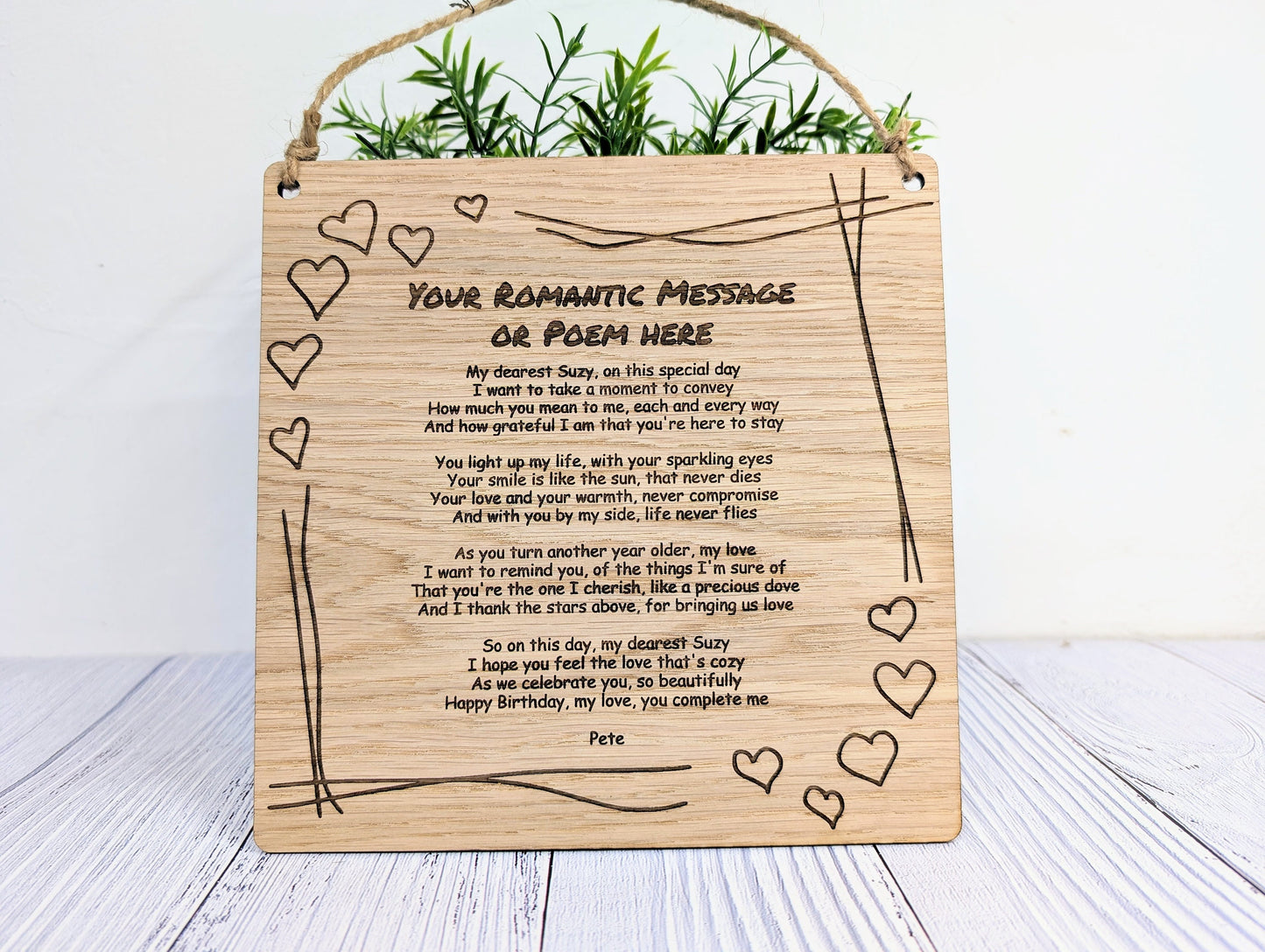 Romantic Heart Border Custom Plaque | Personalised Love Poem or Message | Oak Veneer | Perfect for Valentine's, Anniversaries | Eco-Friendly