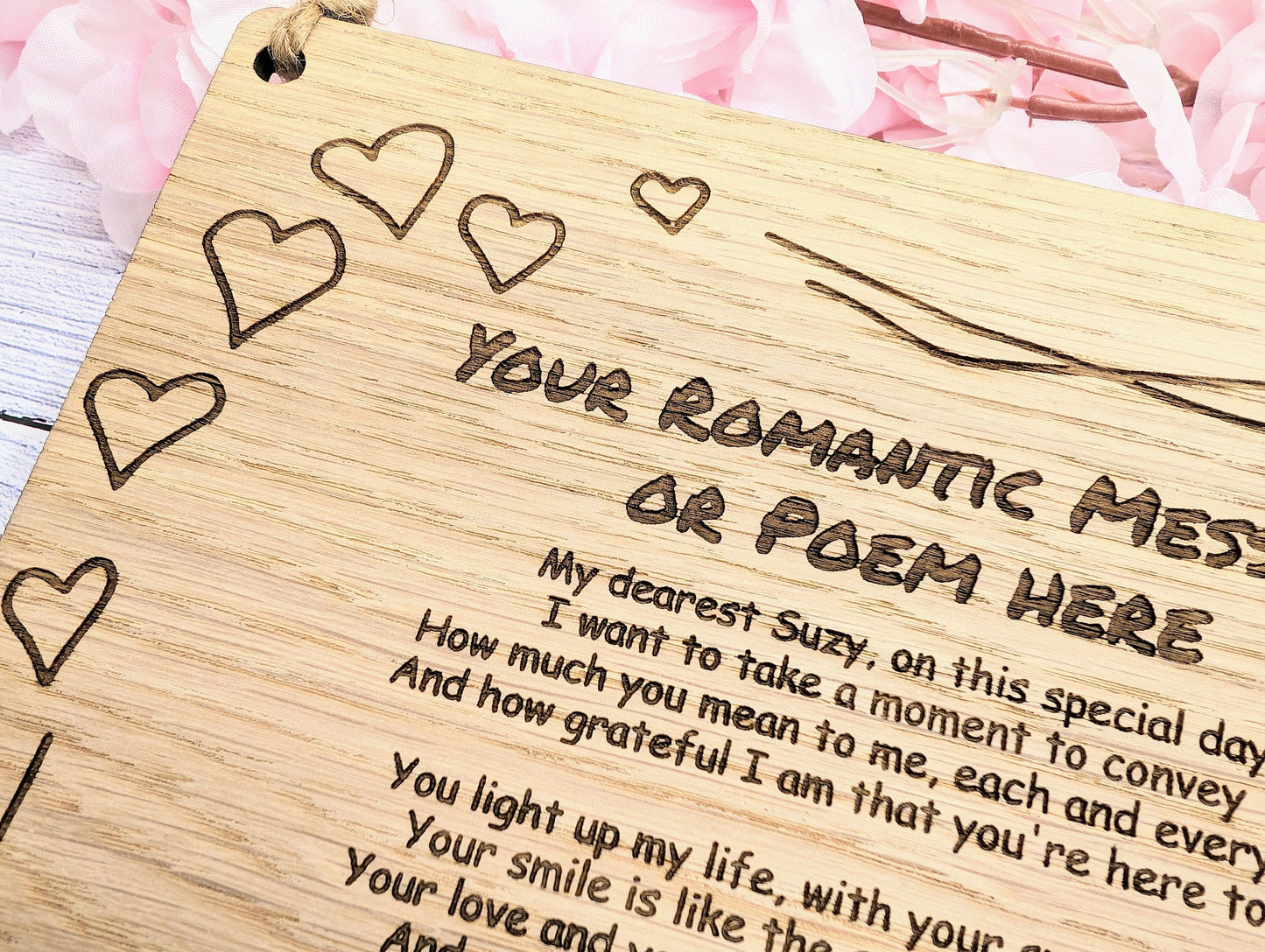 Romantic Heart Border Custom Plaque | Personalised Love Poem or Message | Oak Veneer | Perfect for Valentine's, Anniversaries | Eco-Friendly