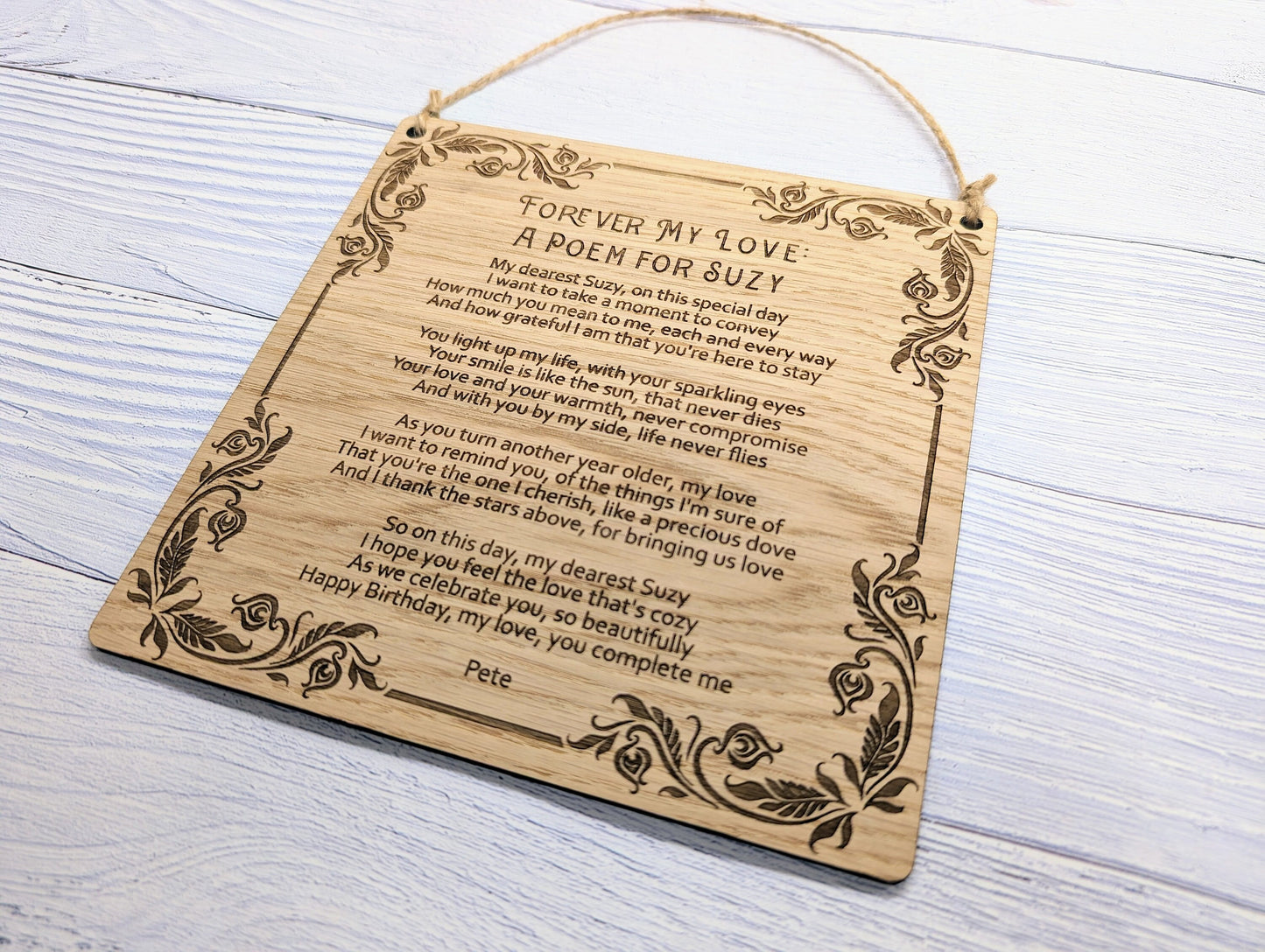 Floral Art Deco Engraved Sign | Customisable Poem or Message | Oak Veneer MDF | Elegant Home & Office Decor | Eco-Conscious Design