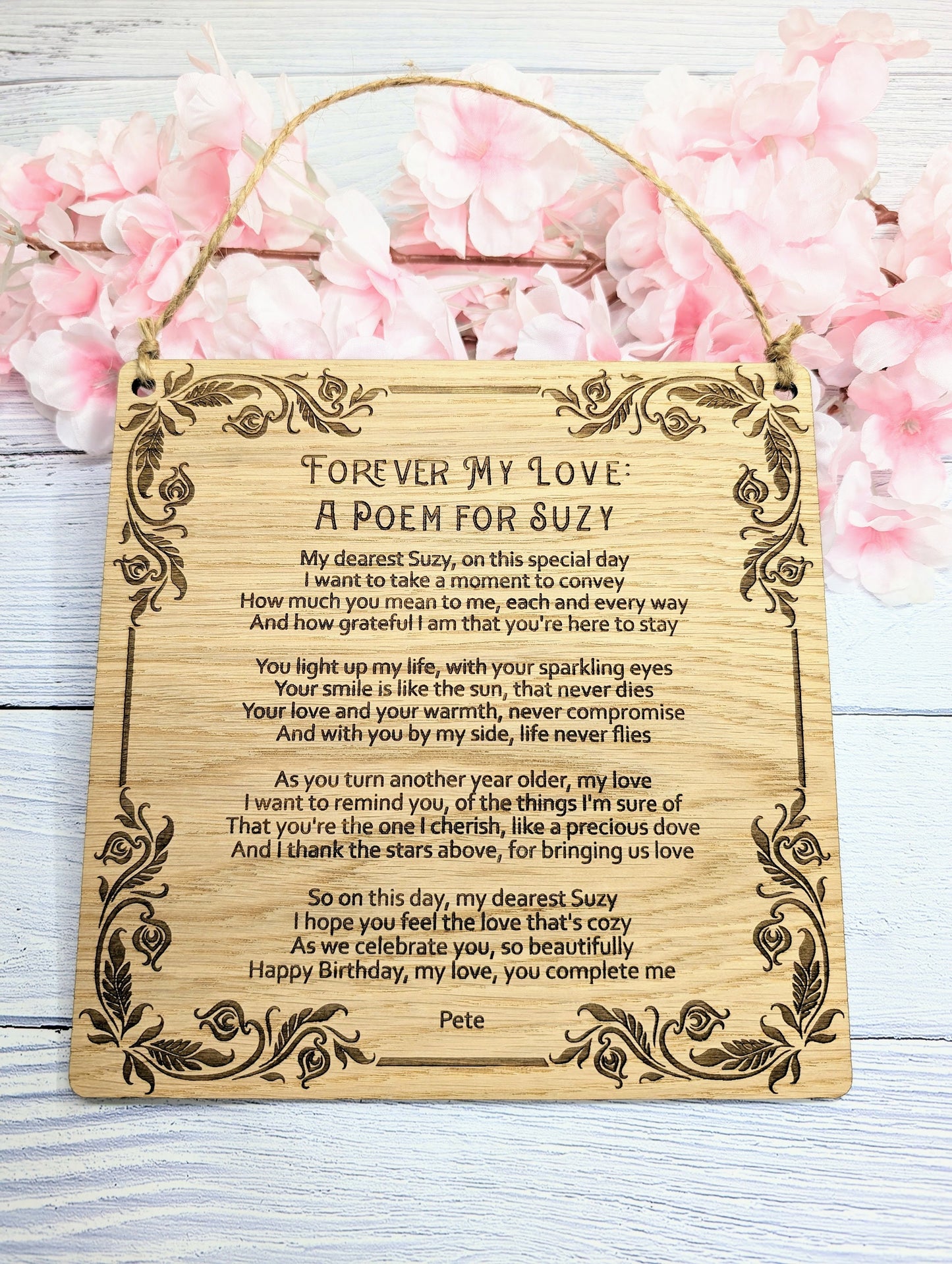 Floral Art Deco Engraved Sign | Customisable Poem or Message | Oak Veneer MDF | Elegant Home & Office Decor | Eco-Conscious Design