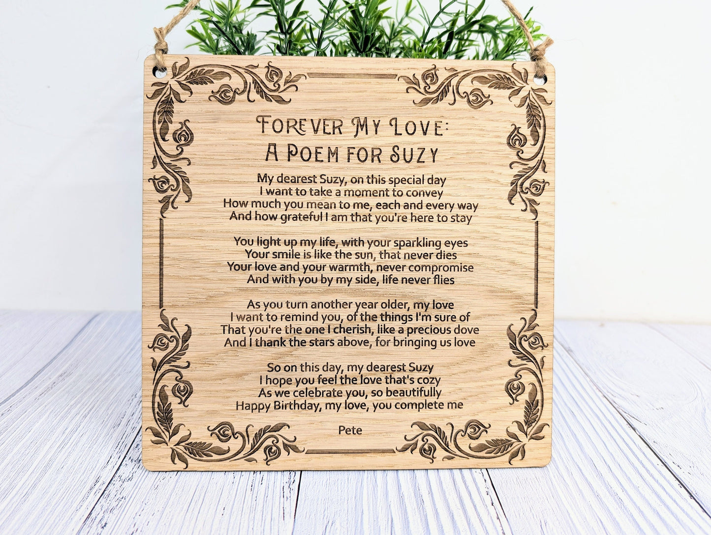 Floral Art Deco Engraved Sign | Customisable Poem or Message | Oak Veneer MDF | Elegant Home & Office Decor | Eco-Conscious Design