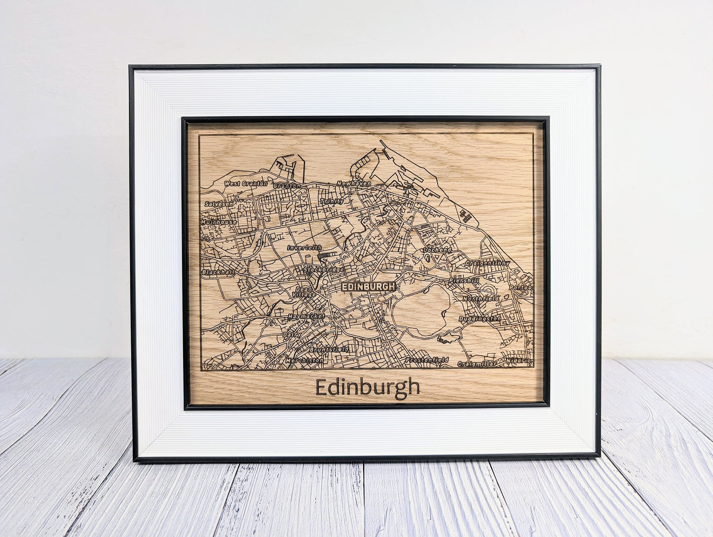 Framed Wooden Edinburgh Map - Oak Cityscape Art, Table/Wall Decor | 253x202mm, Monochrome Frame, Scottish Capital