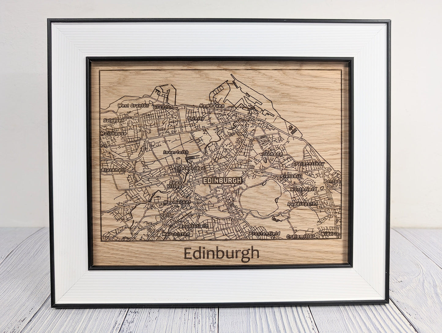 Framed Wooden Edinburgh Map - Oak Cityscape Art, Table/Wall Decor | 253x202mm, Monochrome Frame, Scottish Capital