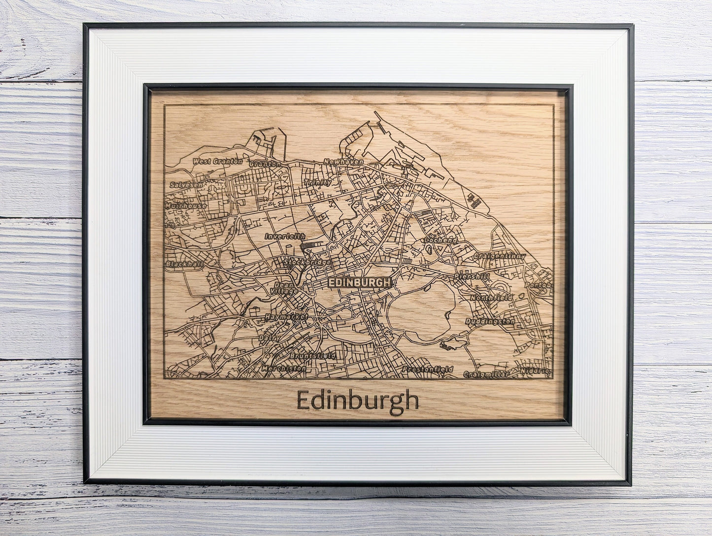 Framed Wooden Edinburgh Map - Oak Cityscape Art, Table/Wall Decor | 253x202mm, Monochrome Frame, Scottish Capital