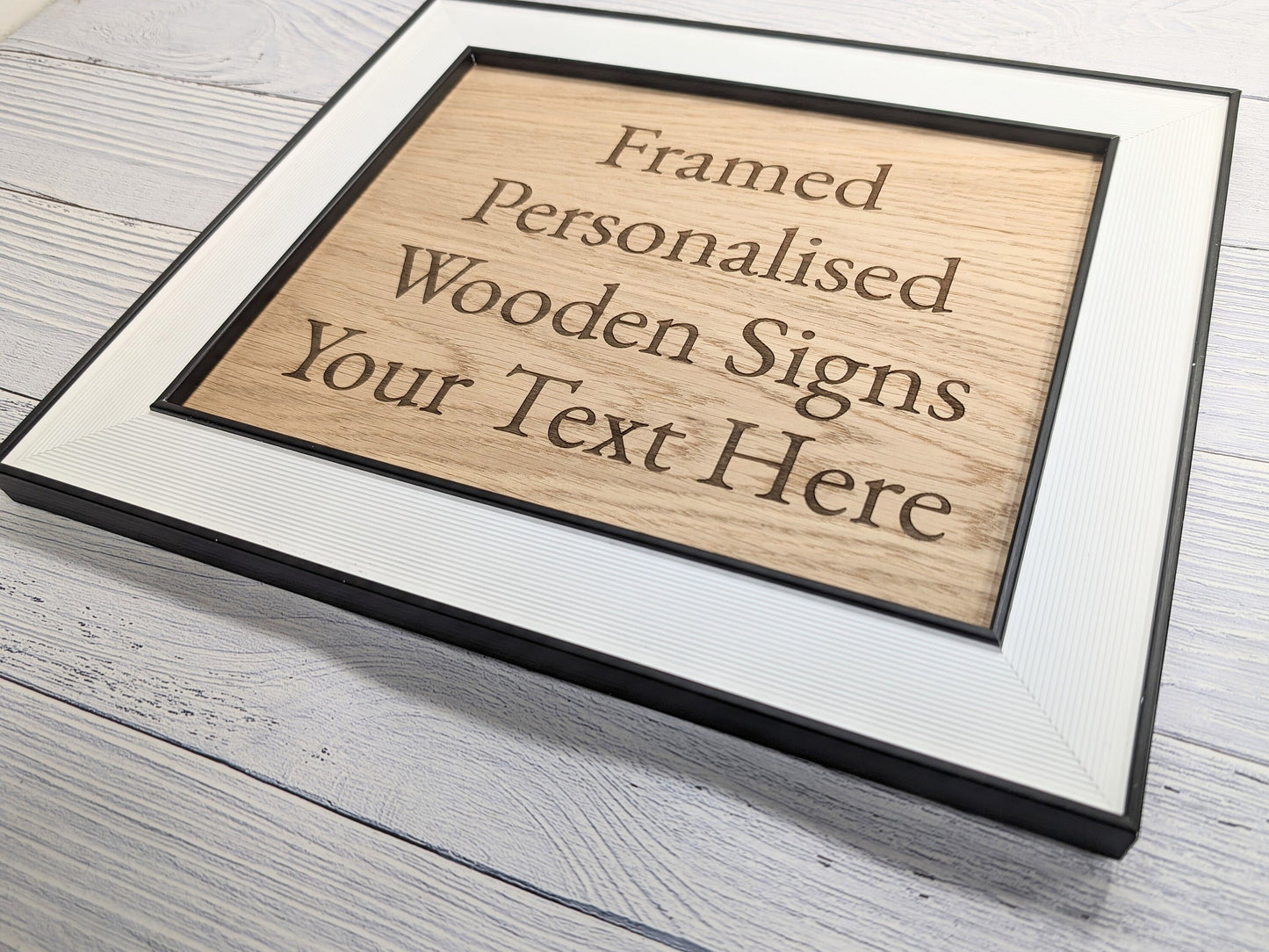 Customisable Wooden Sign in Monochrome Frame - Personalised Oak Plaque | 253x202mm, Versatile Wall/Table Decor, Handcrafted