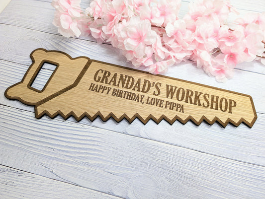 Eco-Friendly Handsaw-Shaped Workshop Sign - Customisable, Welsh Oak Veneer | Ideal for Personalised Shop Decor, Unique Gift