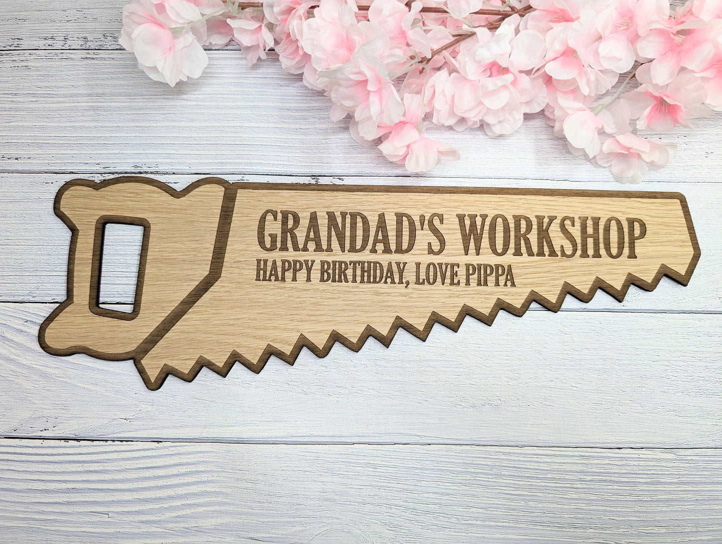 Eco-Friendly Handsaw-Shaped Workshop Sign - Customisable, Welsh Oak Veneer | Ideal for Personalised Shop Decor, Unique Gift