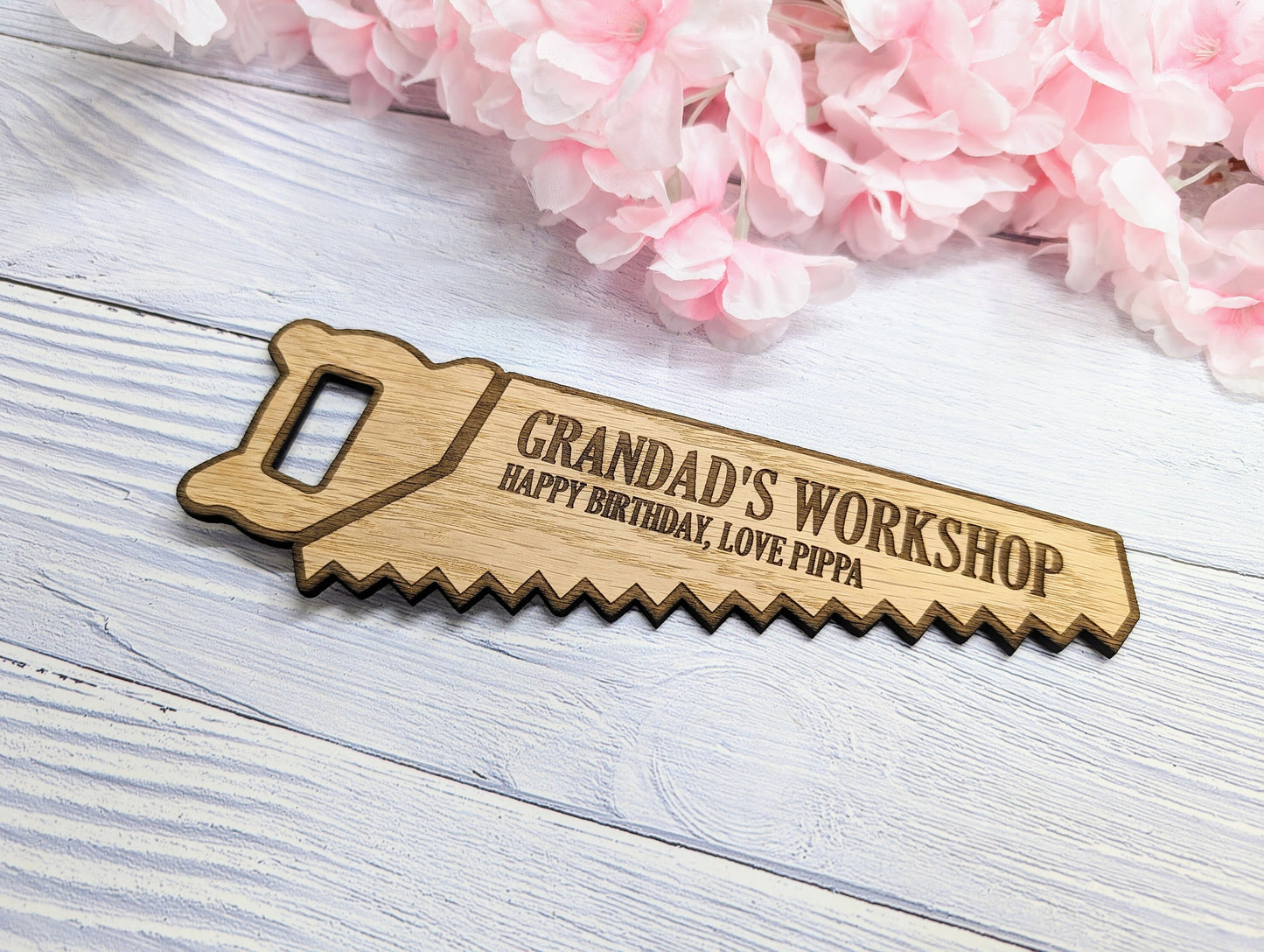 Eco-Friendly Handsaw-Shaped Workshop Sign - Customisable, Welsh Oak Veneer | Ideal for Personalised Shop Decor, Unique Gift