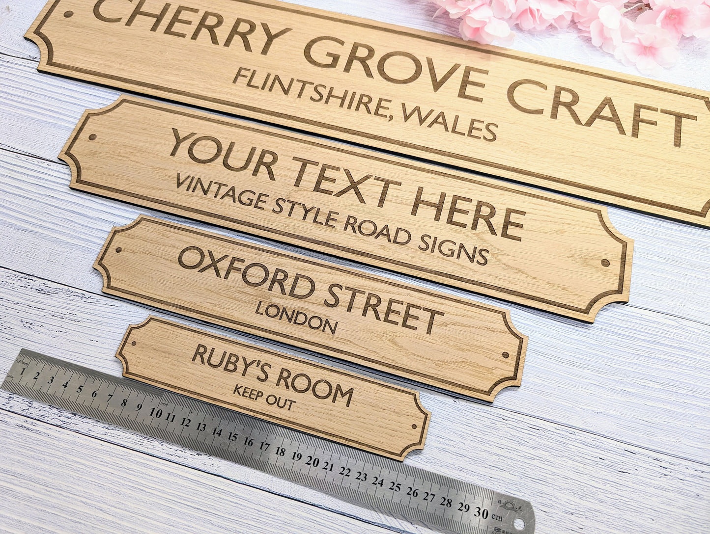 Retro British Street Name Sign - Personalised Oak Veneer, 4 Sizes | Custom Text, Vintage Style, Handcrafted in Wales