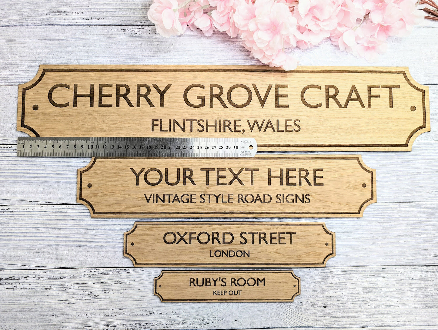 Retro British Street Name Sign - Personalised Oak Veneer, 4 Sizes | Custom Text, Vintage Style, Handcrafted in Wales