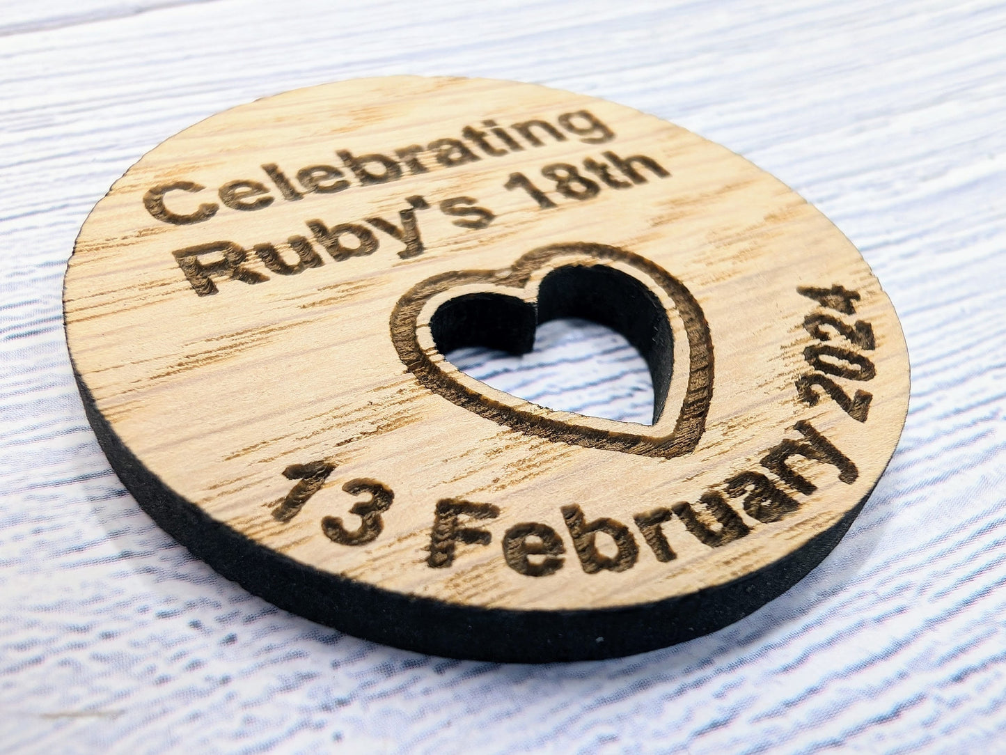 Custom Birthday Favour Discs - Oak - Personalised Birthday Discs with Name & Date (or Guest Name) - Table Favours - Milestone Parties