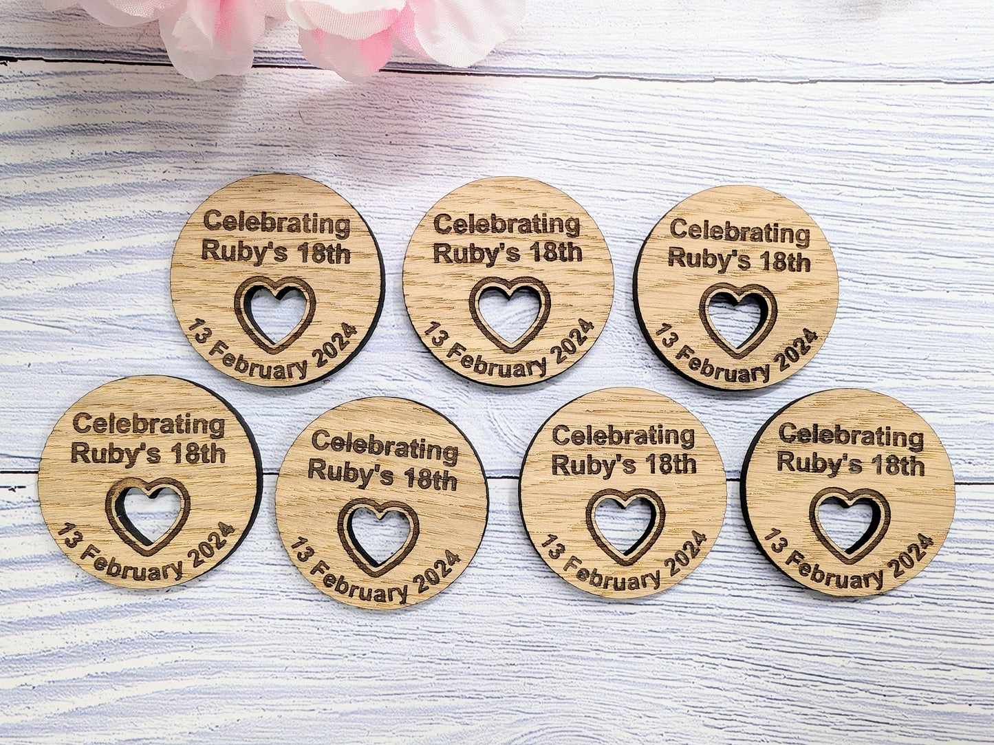 Custom Birthday Favour Discs - Oak - Personalised Birthday Discs with Name & Date (or Guest Name) - Table Favours - Milestone Parties
