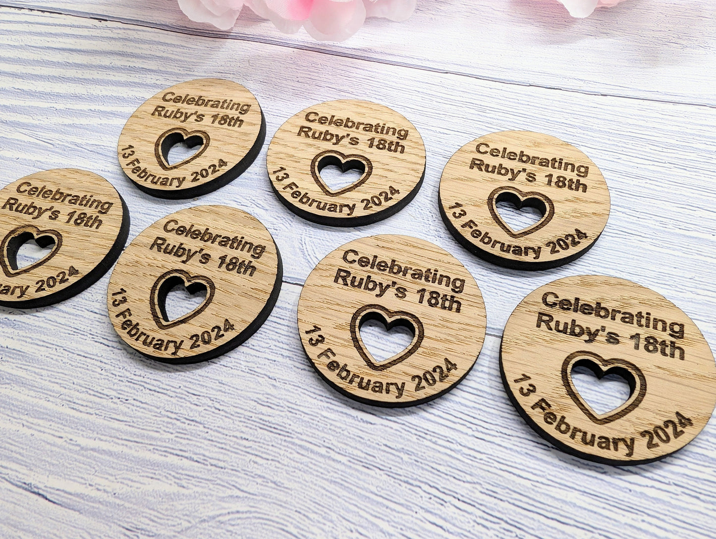 Custom Birthday Favour Discs - Oak - Personalised Birthday Discs with Name & Date (or Guest Name) - Table Favours - Milestone Parties