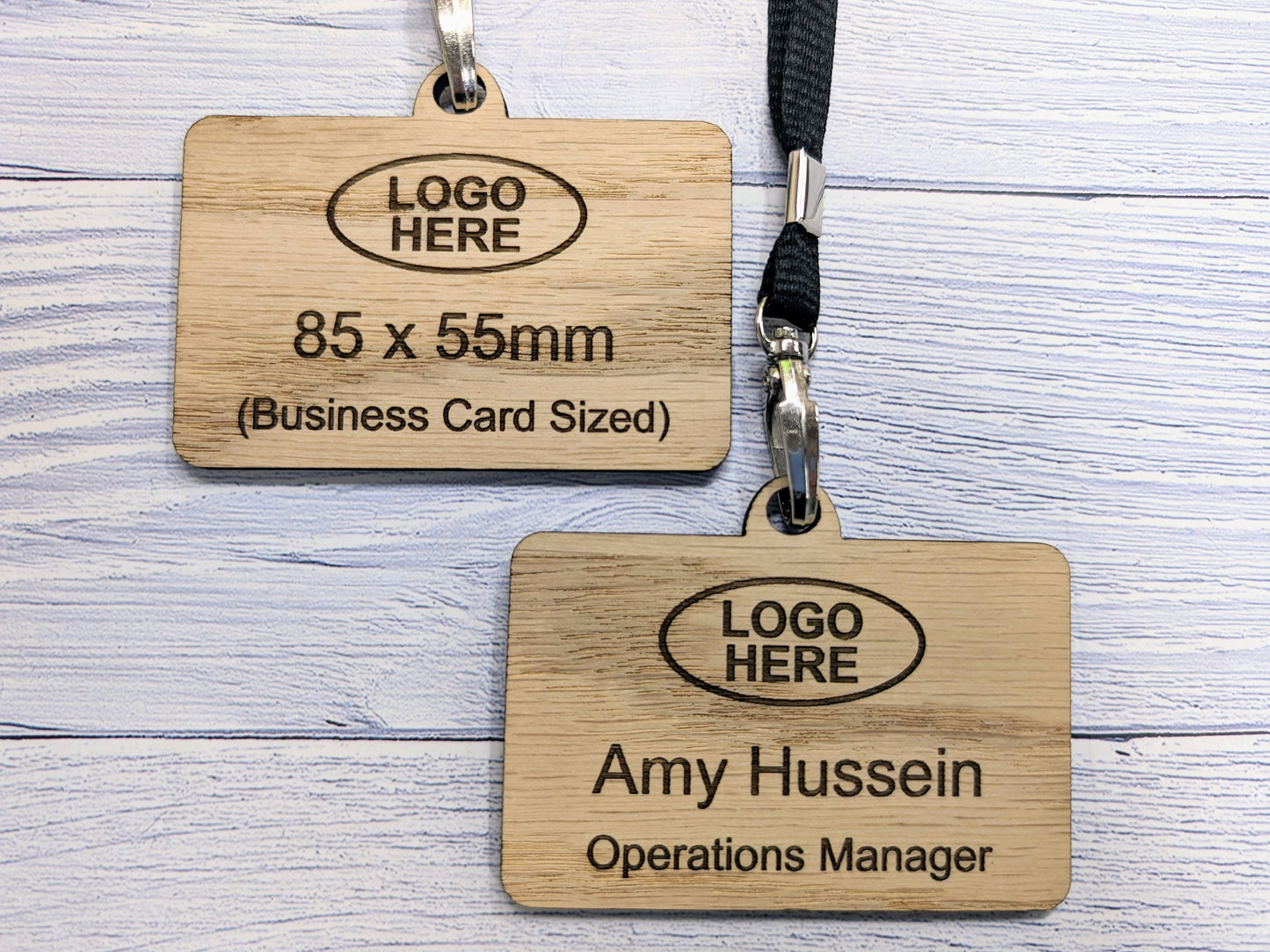 Eco Staff Name Badges - Double Sided with Lanyards, Personalised Oak Veneer Staff Name Badges on Eco Lanyards - Staff Tags, Add Your Logo