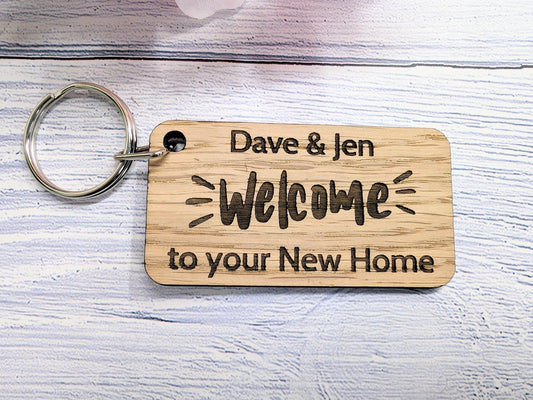 Personalised New Home Keyrings - Oak Veneer - Custom New Homeowner Keyrings, 65mm x 35mm, Perfect Housewarming Gift, First Home, Moving In