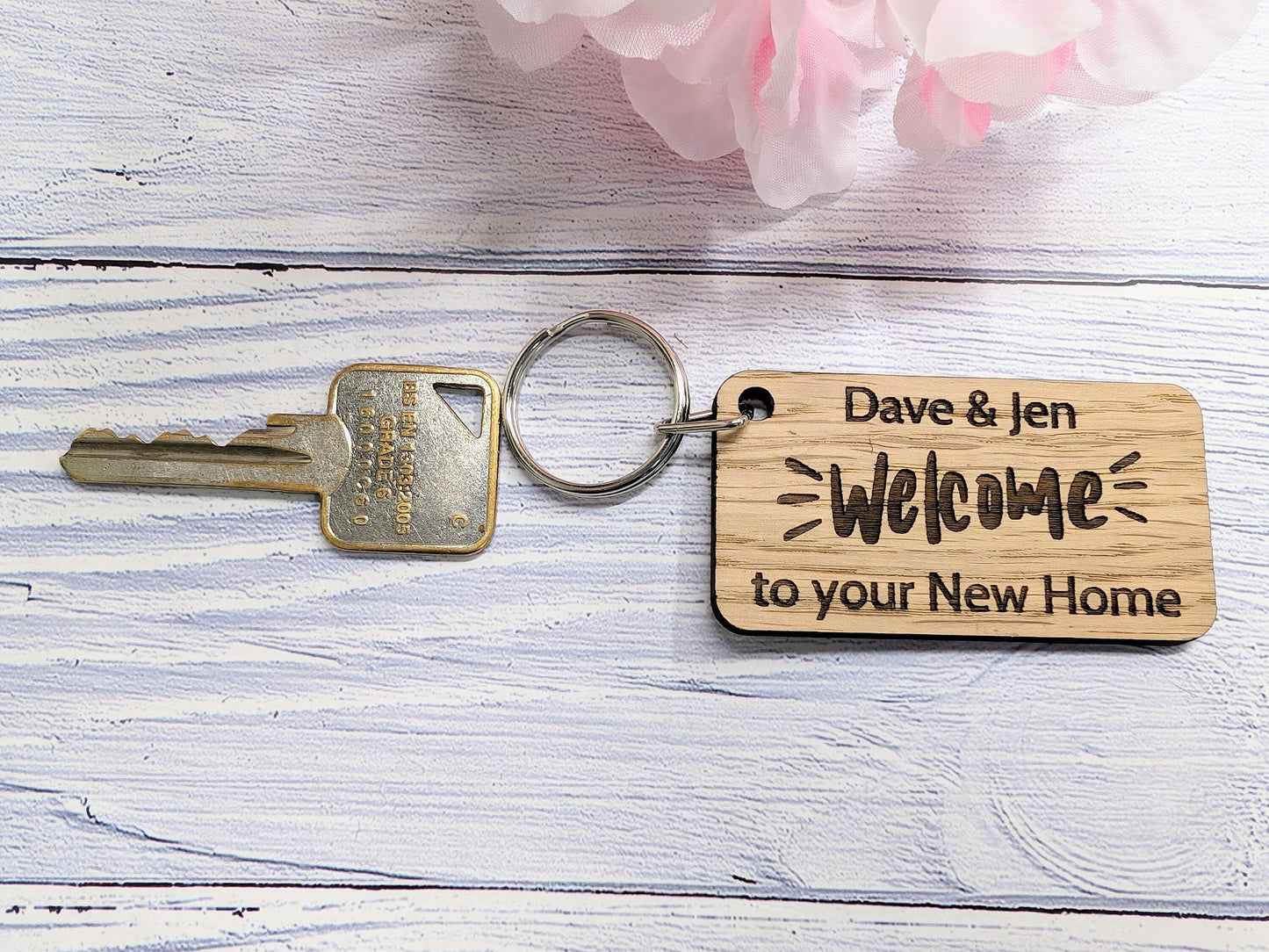 Personalised New Home Keyrings - Oak Veneer - Custom New Homeowner Keyrings, 65mm x 35mm, Perfect Housewarming Gift, First Home, Moving In