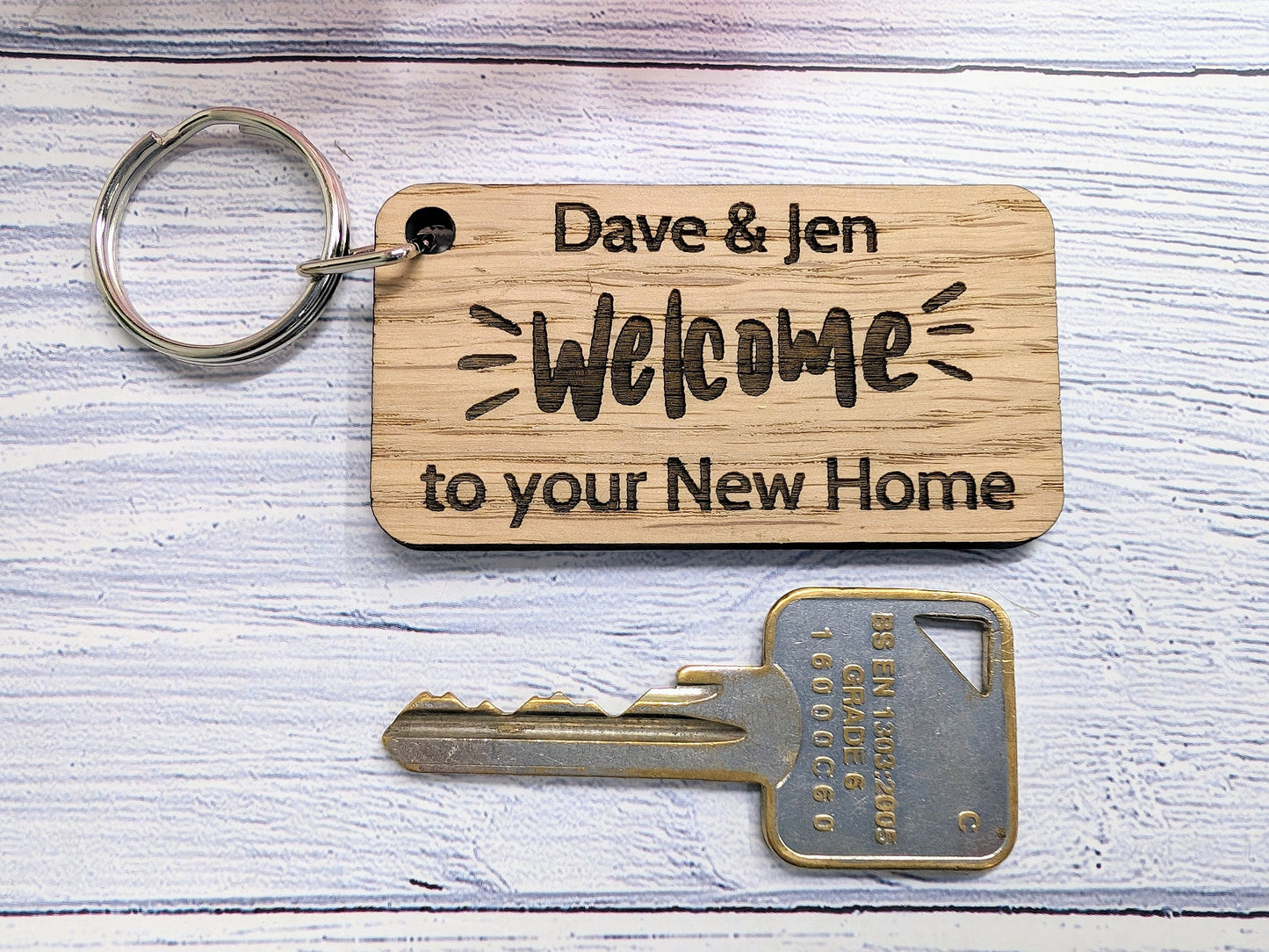 Personalised New Home Keyrings - Oak Veneer - Custom New Homeowner Keyrings, 65mm x 35mm, Perfect Housewarming Gift, First Home, Moving In