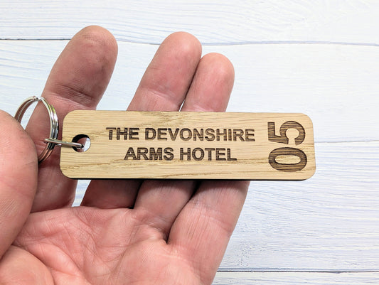Personalised Wooden Hotel Room Number Keyrings, Double Sided, 90 x 25mm, with Hotel Name - Larger Size, Oak Veneer - Ideal for Hotels, B&Bs