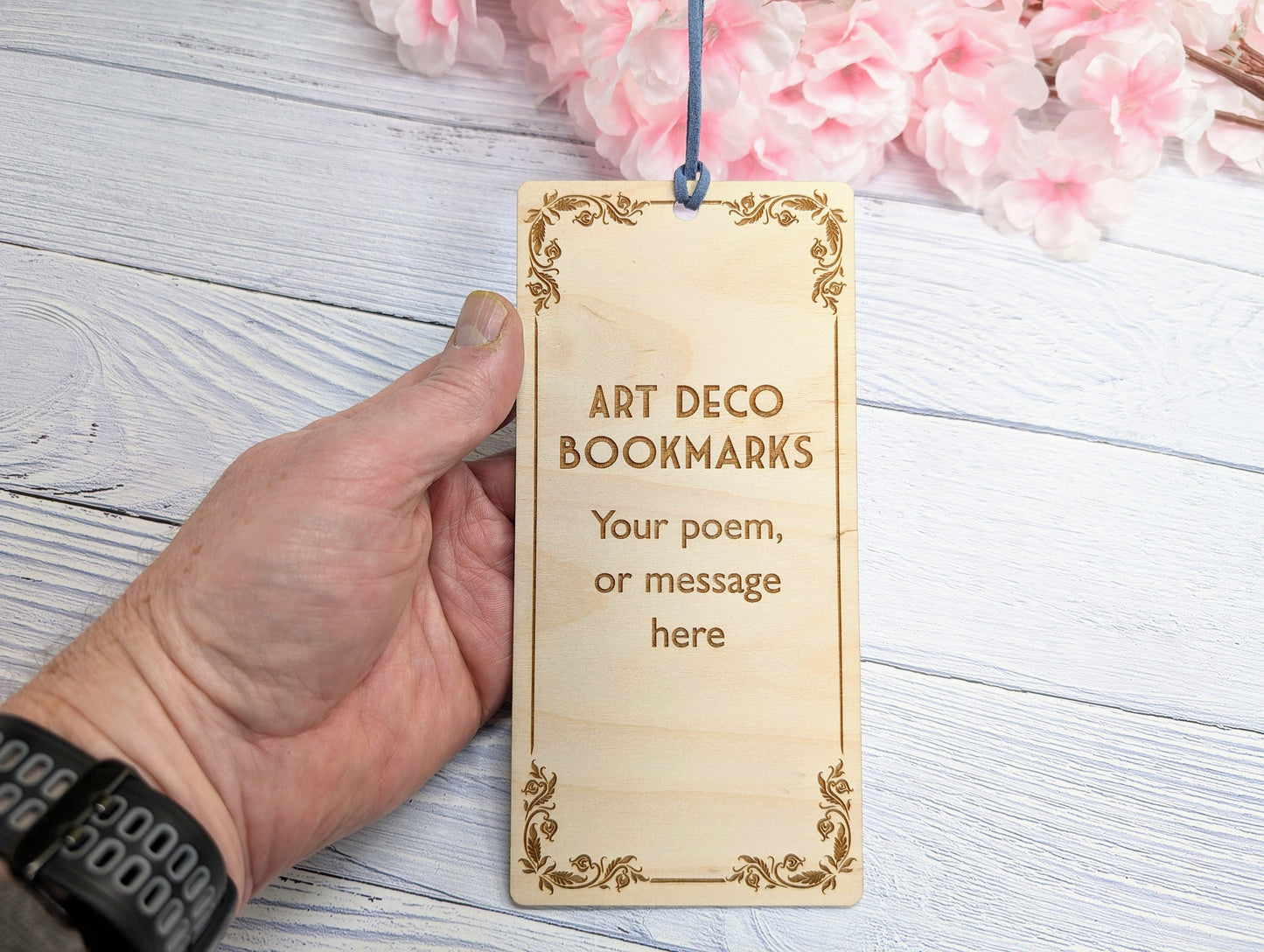 Art Deco-Inspired Wooden Personalised Bookmark | Custom Poem or Message | Vegan Suede Loop | Eco-Friendly Birch | Handcrafted in Wales