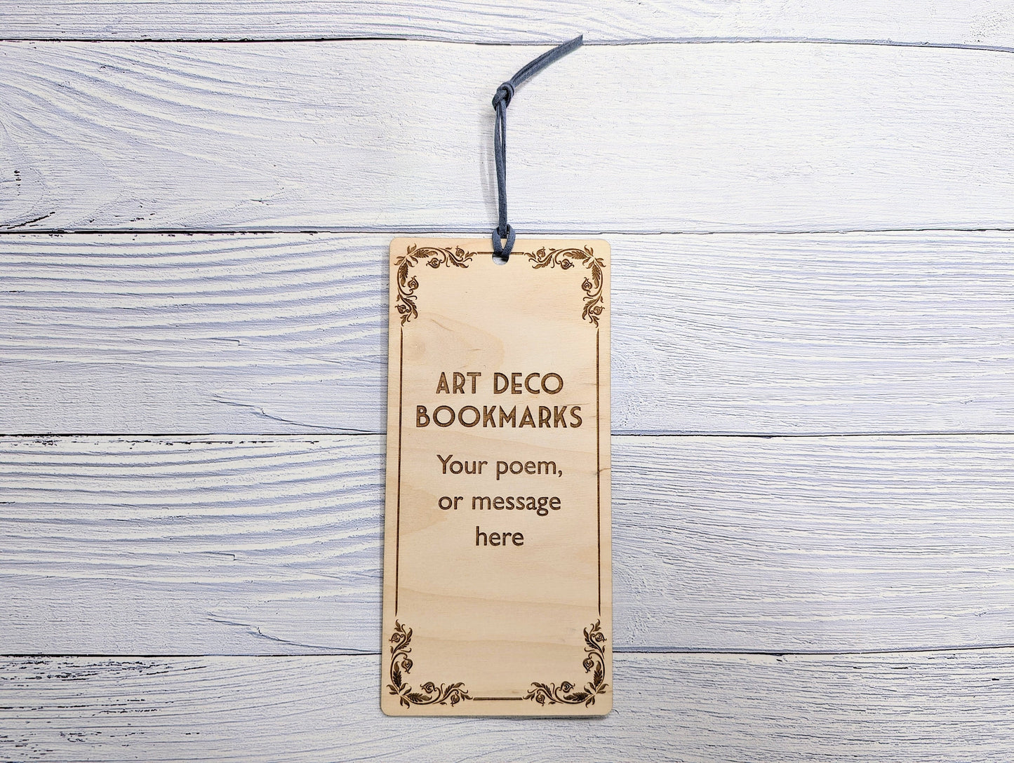 Art Deco-Inspired Wooden Personalised Bookmark | Custom Poem or Message | Vegan Suede Loop | Eco-Friendly Birch | Handcrafted in Wales