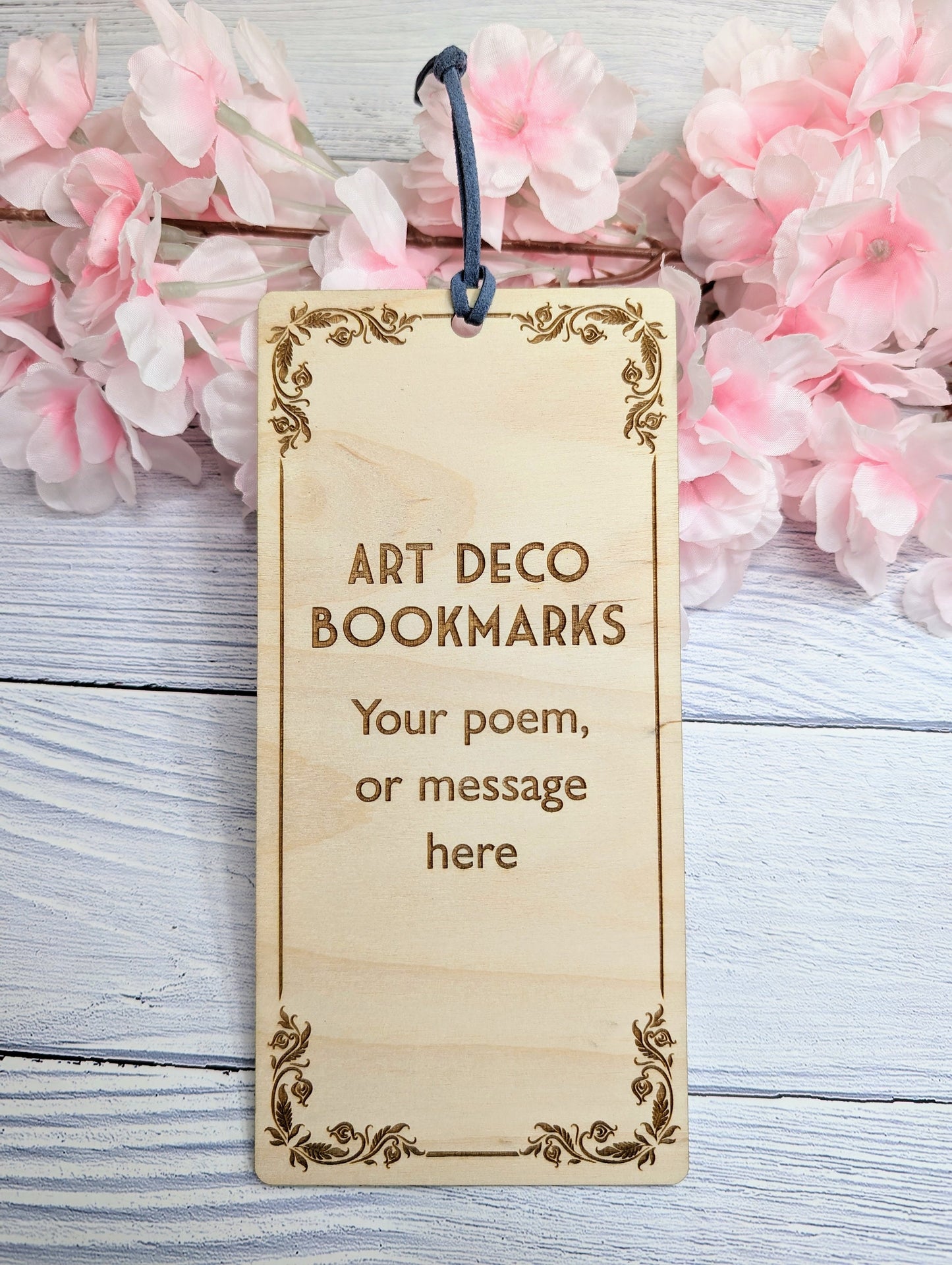 Art Deco-Inspired Wooden Personalised Bookmark | Custom Poem or Message | Vegan Suede Loop | Eco-Friendly Birch | Handcrafted in Wales