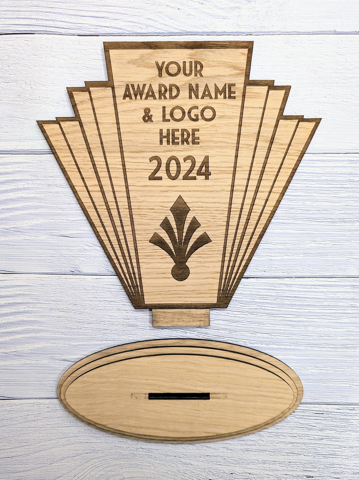 Art Deco Customisable Trophy | Sustainable Oak Veneer MDF | Personalised Award | Art Nouveau Award | Eco-Friendly Business & Club Honors