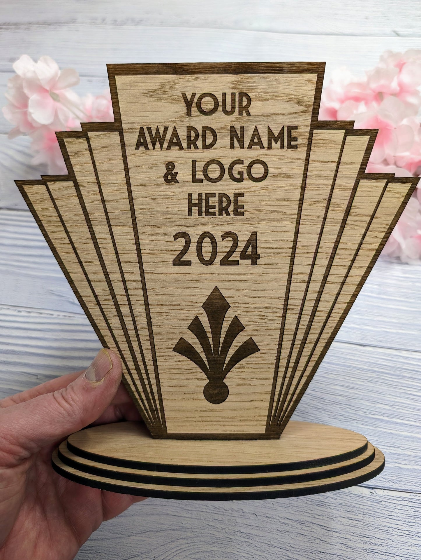 Art Deco Customisable Trophy | Sustainable Oak Veneer MDF | Personalised Award | Art Nouveau Award | Eco-Friendly Business & Club Honors