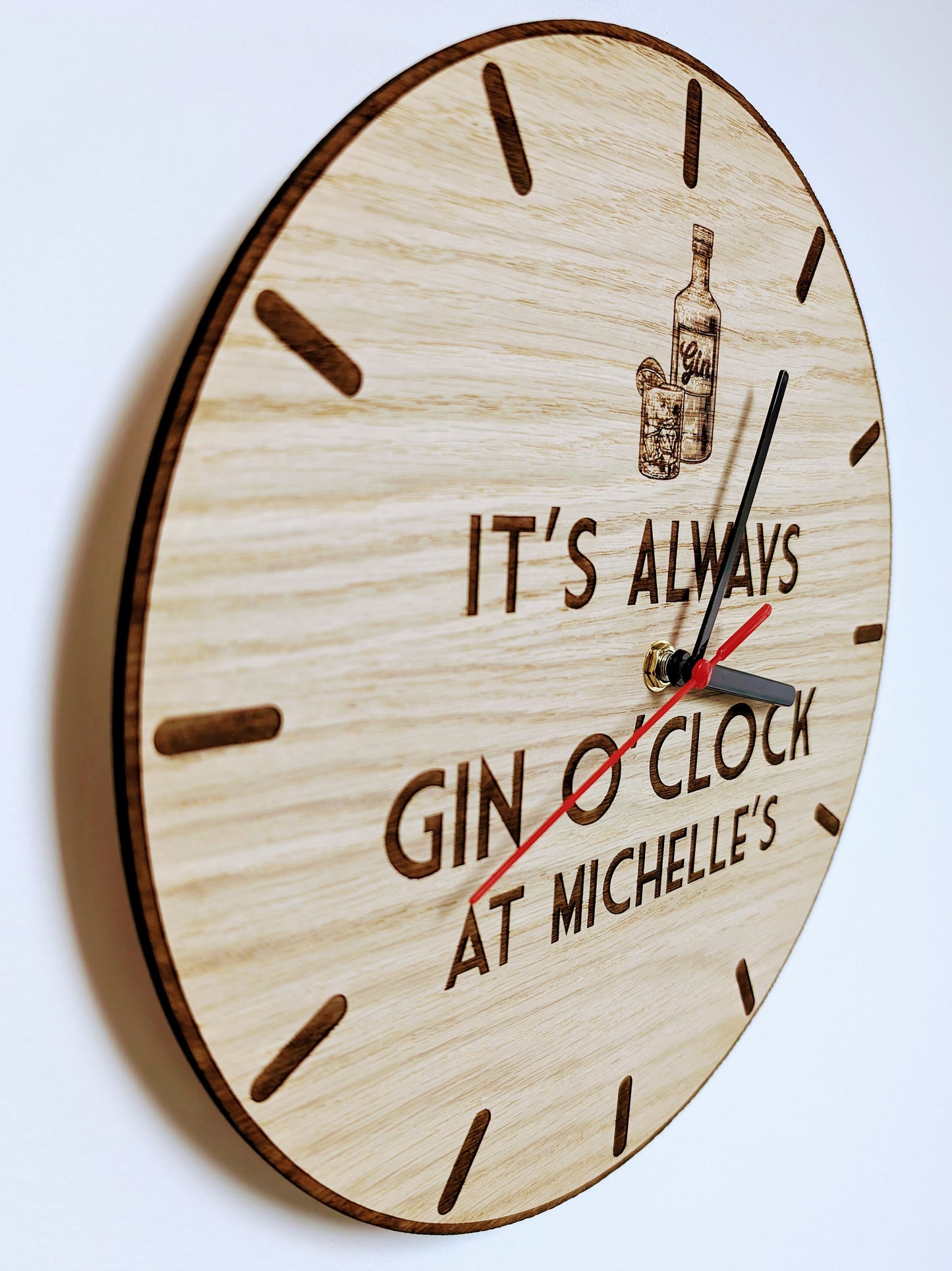 Personalised Gin O'Clock Wooden Clock - Eco-Friendly Gin Lover Decor, Custom Name Oak Gift - 30cm Art Deco Style Eco Gift Idea