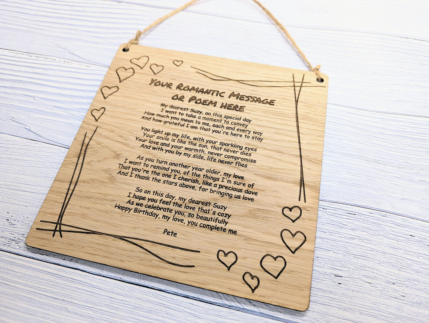 Romantic Heart Border Custom Plaque | Personalised Love Poem or Message | Oak Veneer | Perfect for Valentine's, Anniversaries | Eco-Friendly