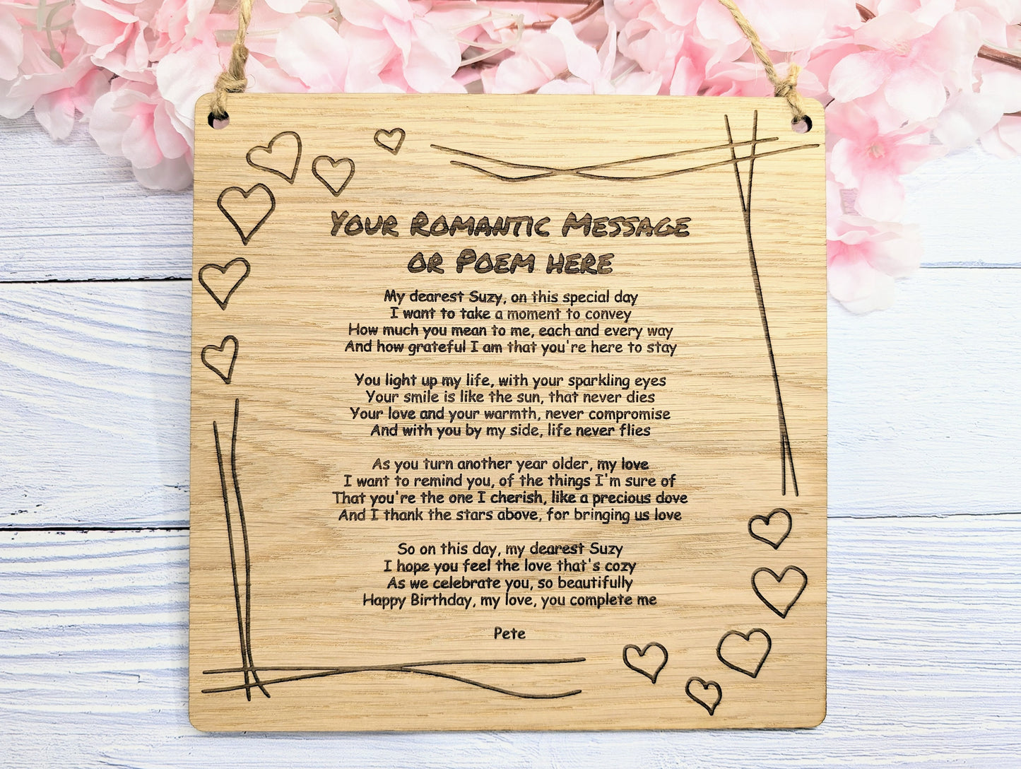 Romantic Heart Border Custom Plaque | Personalised Love Poem or Message | Oak Veneer | Perfect for Valentine's, Anniversaries | Eco-Friendly