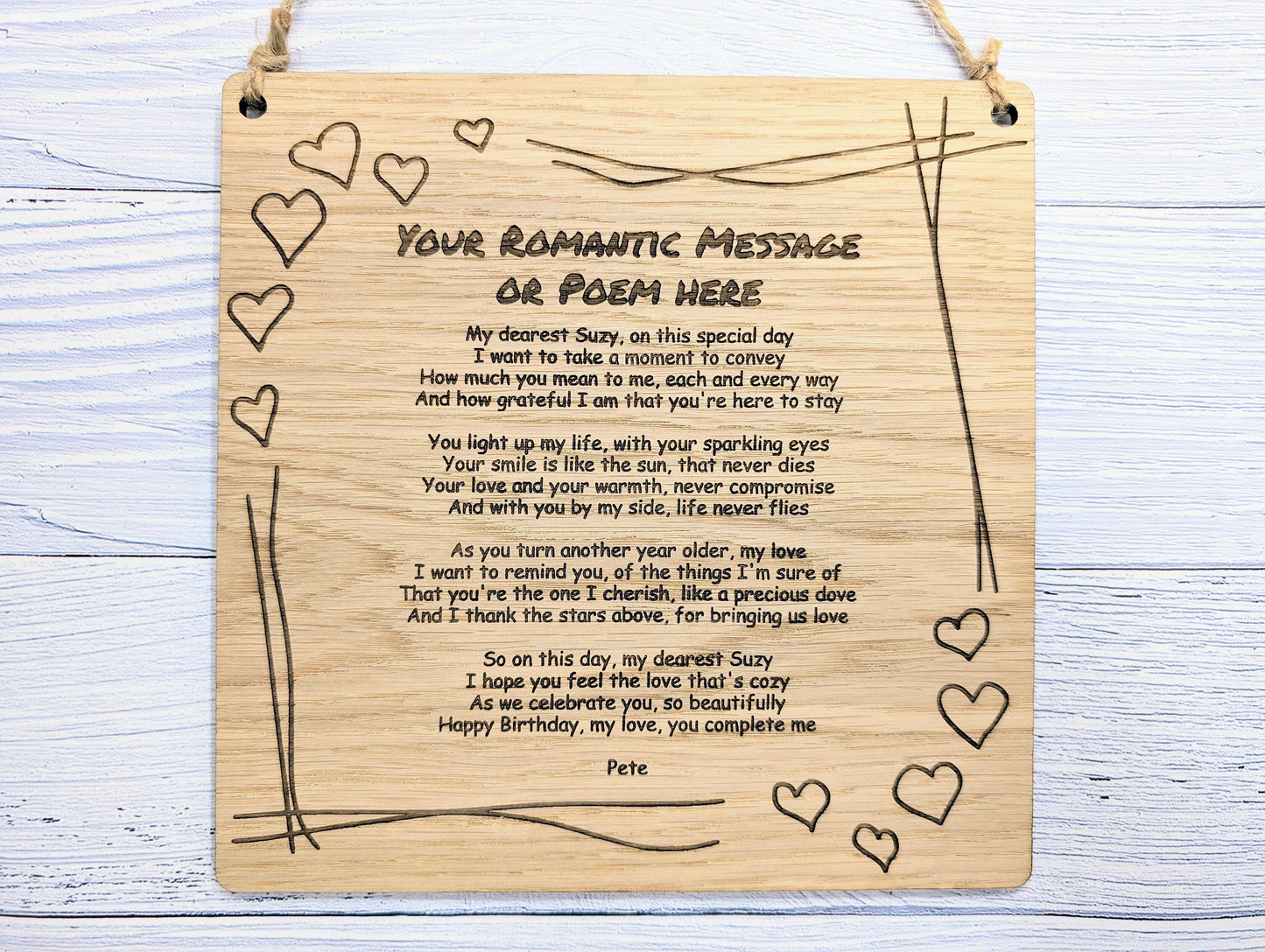 Romantic Heart Border Custom Plaque | Personalised Love Poem or Message | Oak Veneer | Perfect for Valentine's, Anniversaries | Eco-Friendly