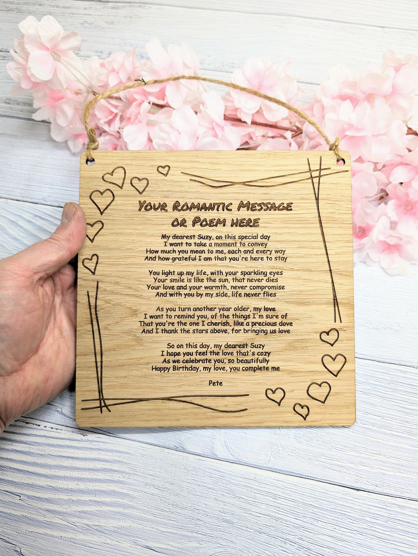 Romantic Heart Border Custom Plaque | Personalised Love Poem or Message | Oak Veneer | Perfect for Valentine's, Anniversaries | Eco-Friendly